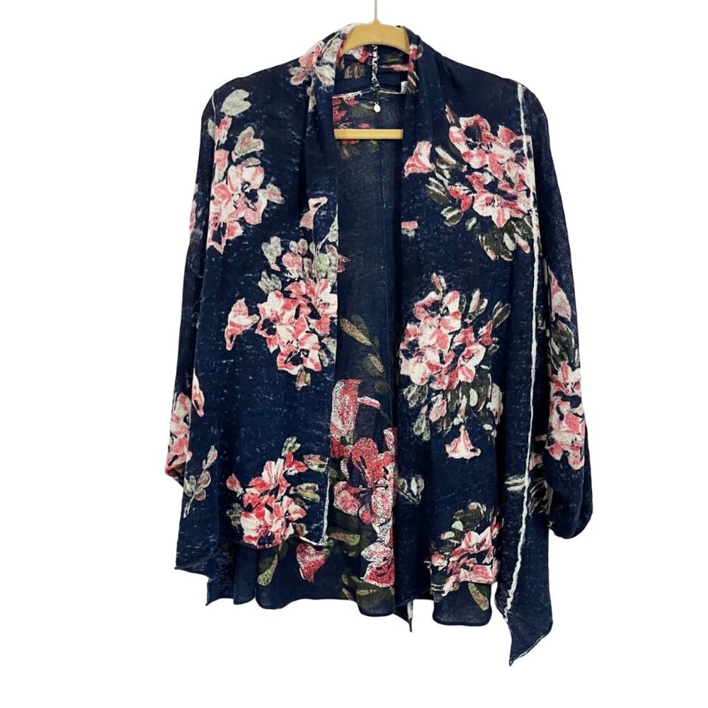 Anthropologie Knitted & Knotted Navy Floral Linen Cardigan Kimono - Size Medium